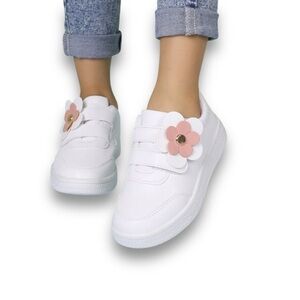 New Pink Flower Decoration Hook-and-loop Velcro White Shoes Sz 2 US -Sz 33 EU